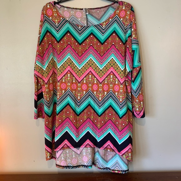Vacay Sunny Skies Multicolor Magenta, Orange & Green Geo Graphic Print Hi Lo Tunic Dress